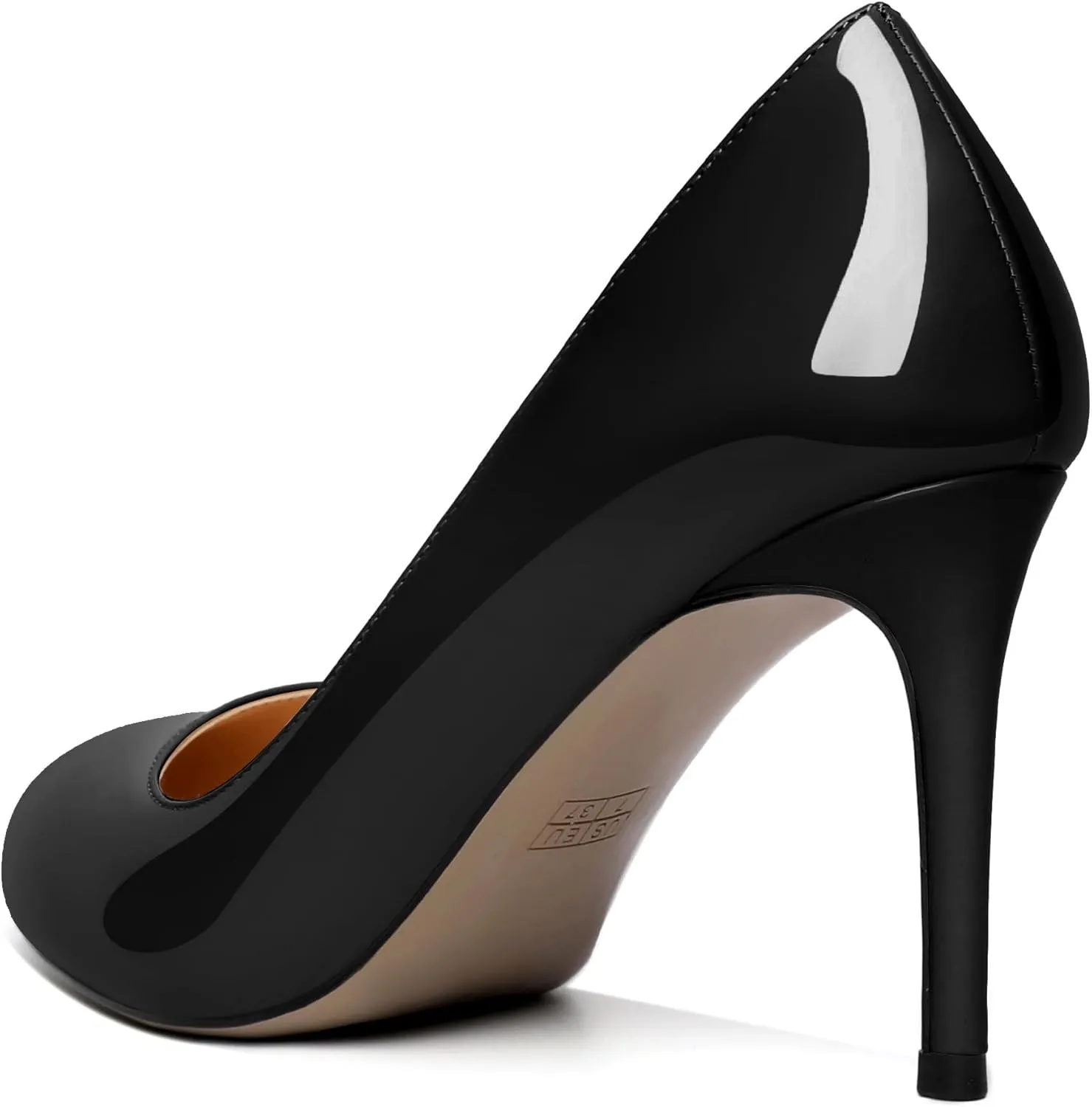 AUMOTED Women Casual Patent Round Toe Pumps Stiletto High Heel Slip On Evening Wedding Dress Shoes 3.4 Inch