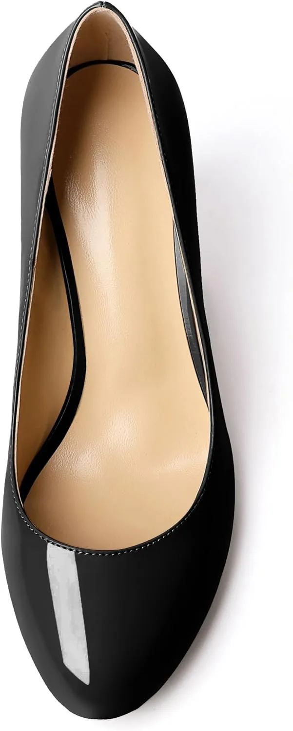 AUMOTED Women Casual Patent Round Toe Pumps Stiletto High Heel Slip On Evening Wedding Dress Shoes 3.4 Inch