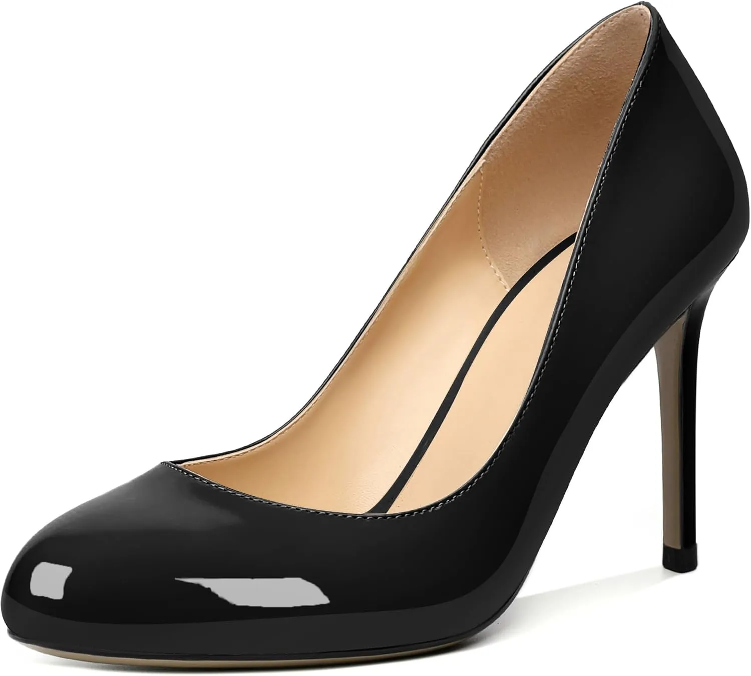 AUMOTED Women Casual Patent Round Toe Pumps Stiletto High Heel Slip On Evening Wedding Dress Shoes 3.4 Inch
