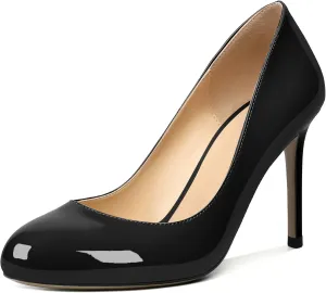 AUMOTED Women Casual Patent Round Toe Pumps Stiletto High Heel Slip On Evening Wedding Dress Shoes 3.4 Inch