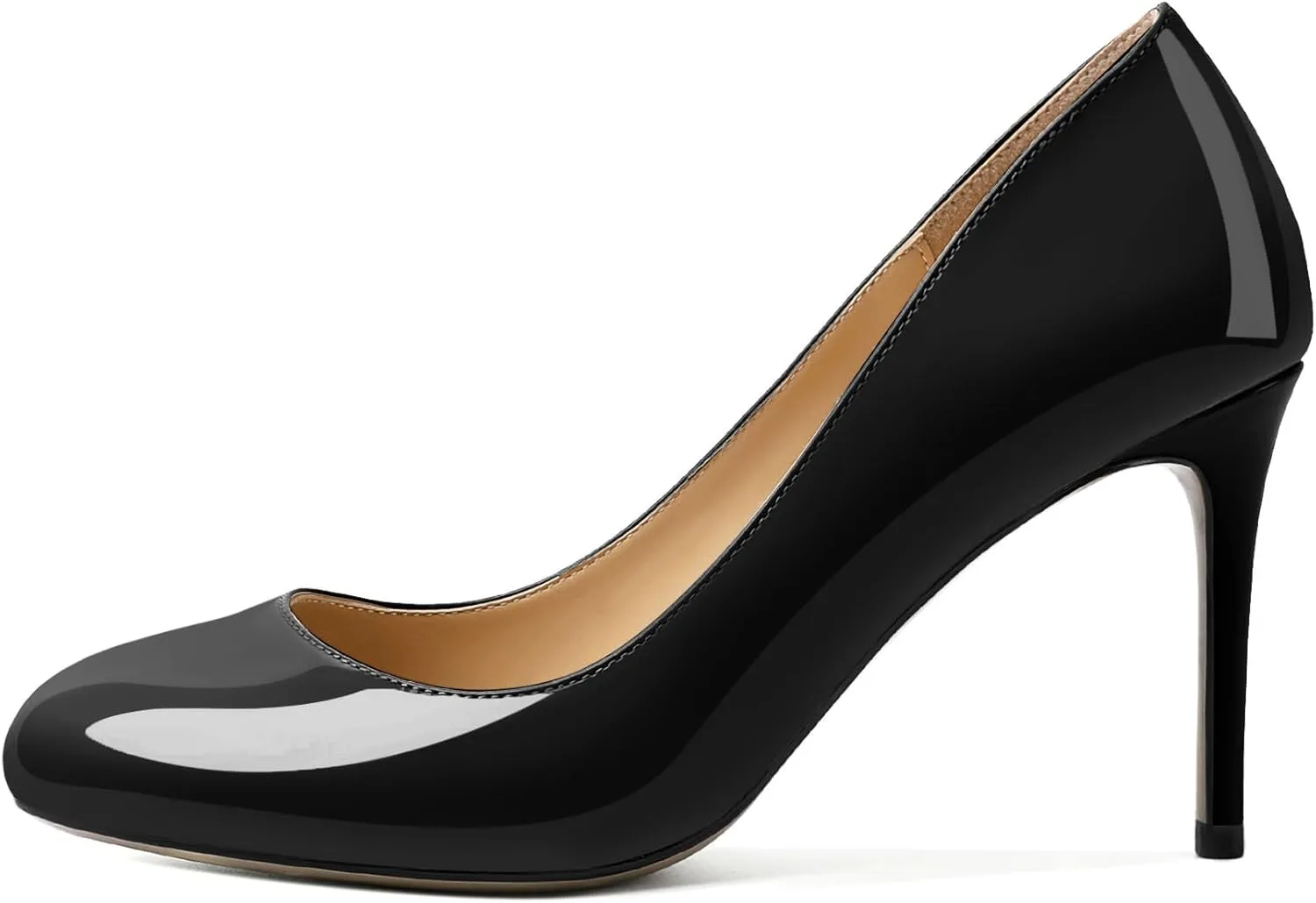 AUMOTED Women Casual Patent Round Toe Pumps Stiletto High Heel Slip On Evening Wedding Dress Shoes 3.4 Inch