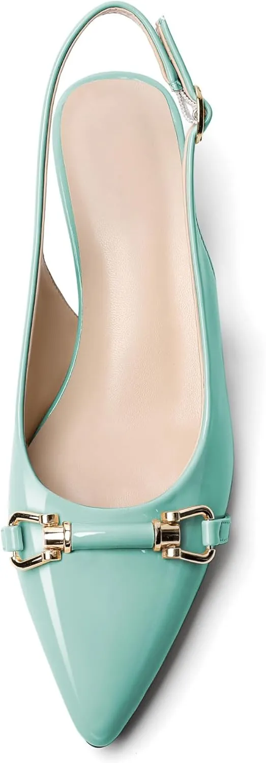 AUMOTED Women Kitten Slingback Low Heel Pumps Pointed Toe with Buckle Bow Ankle Strap Dress Shoes for Office Party Wedding 1.6 Inch