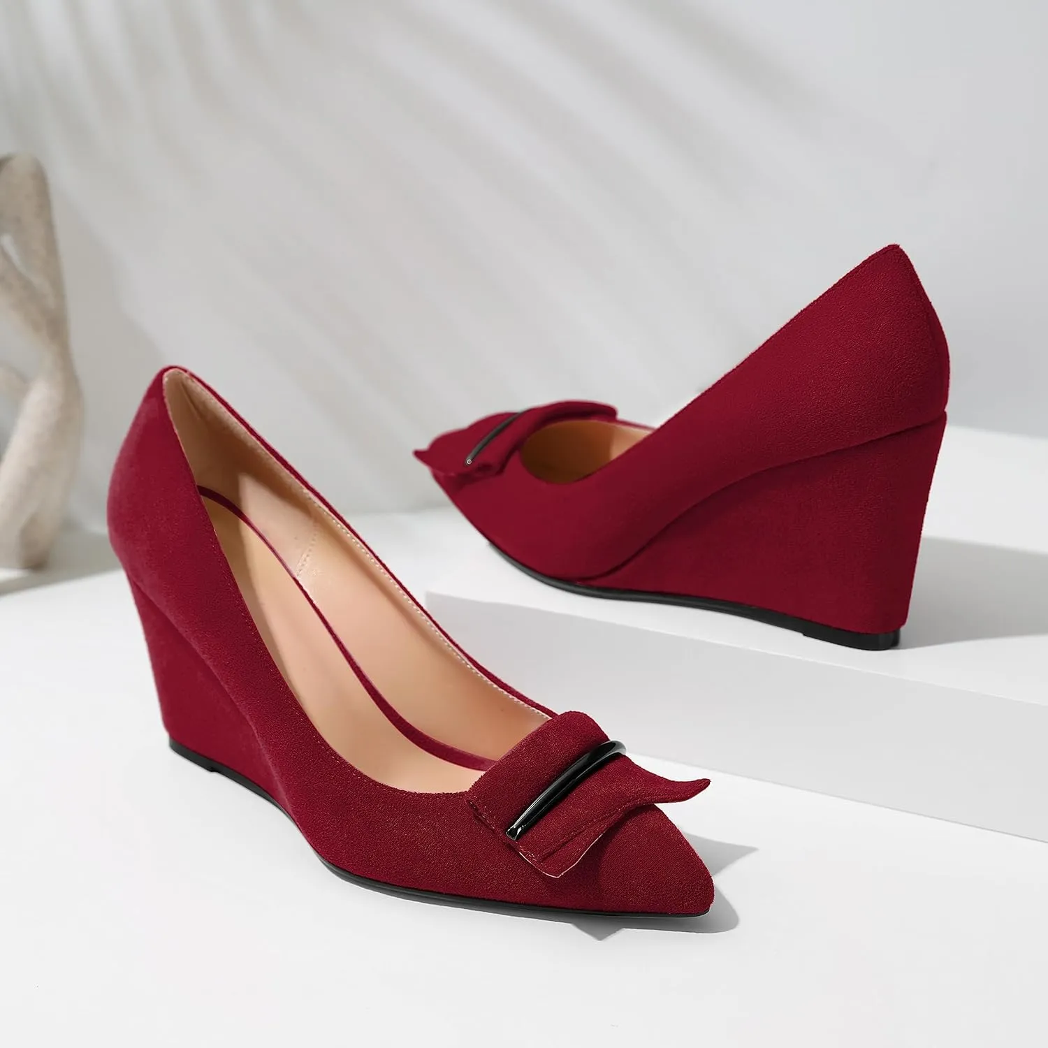 AUMOTED Women Wedge Heels Pumps Pointed Toe Slip on High Heeled Bow Heels Classic Wedge Heel Dress Shoes for Office Wedding Work Evening 3.5 Inches