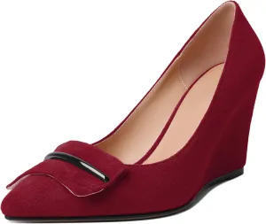AUMOTED Women Wedge Heels Pumps Pointed Toe Slip on High Heeled Bow Heels Classic Wedge Heel Dress Shoes for Office Wedding Work Evening 3.5 Inches