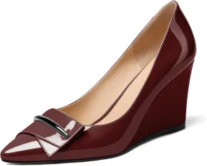 AUMOTED Women Wedge Heels Pumps Pointed Toe Slip on High Heeled Bow Heels Classic Wedge Heel Dress Shoes for Office Wedding Work Evening 3.5 Inches
