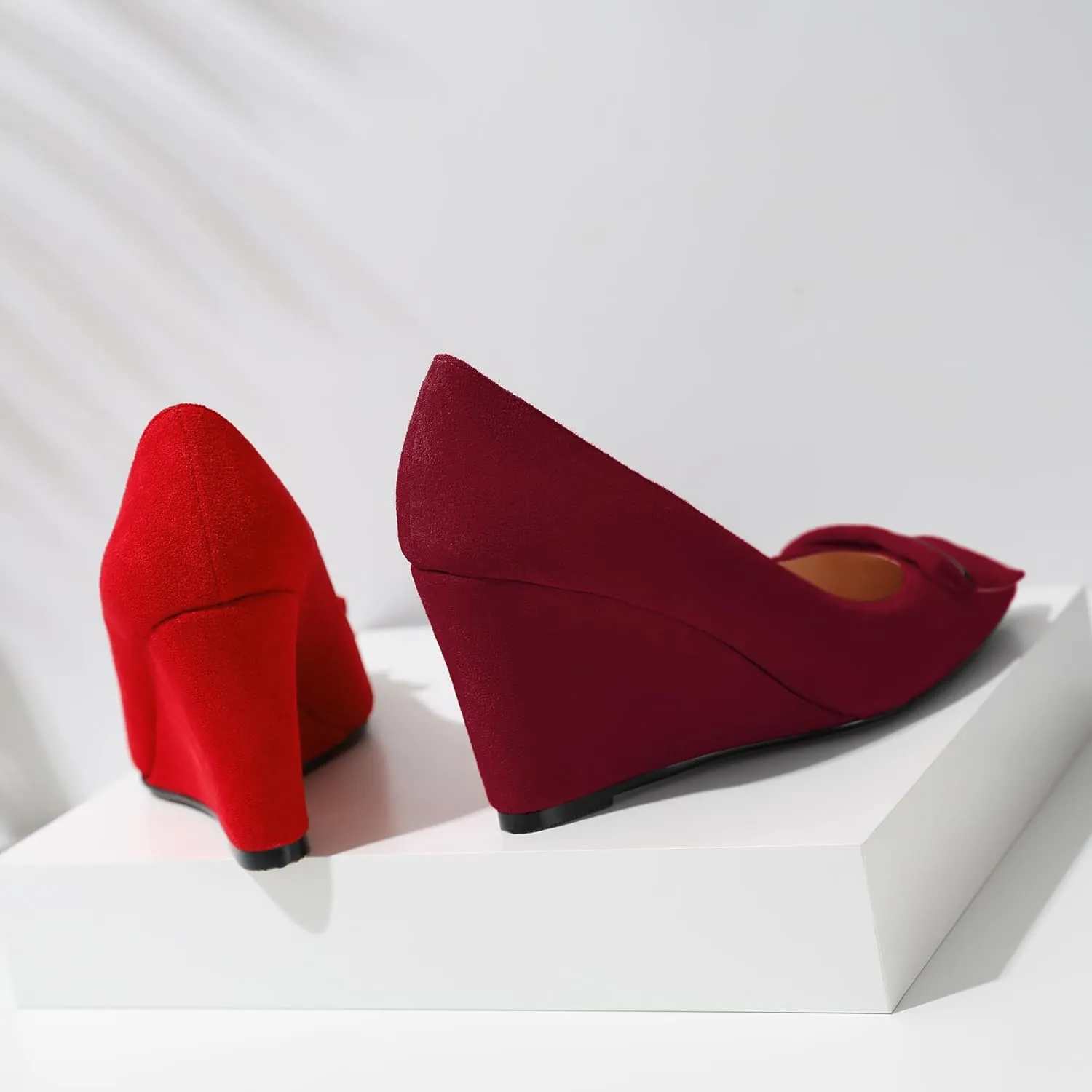 AUMOTED Women Wedge Heels Pumps Pointed Toe Slip on High Heeled Bow Heels Classic Wedge Heel Dress Shoes for Office Wedding Work Evening 3.5 Inches