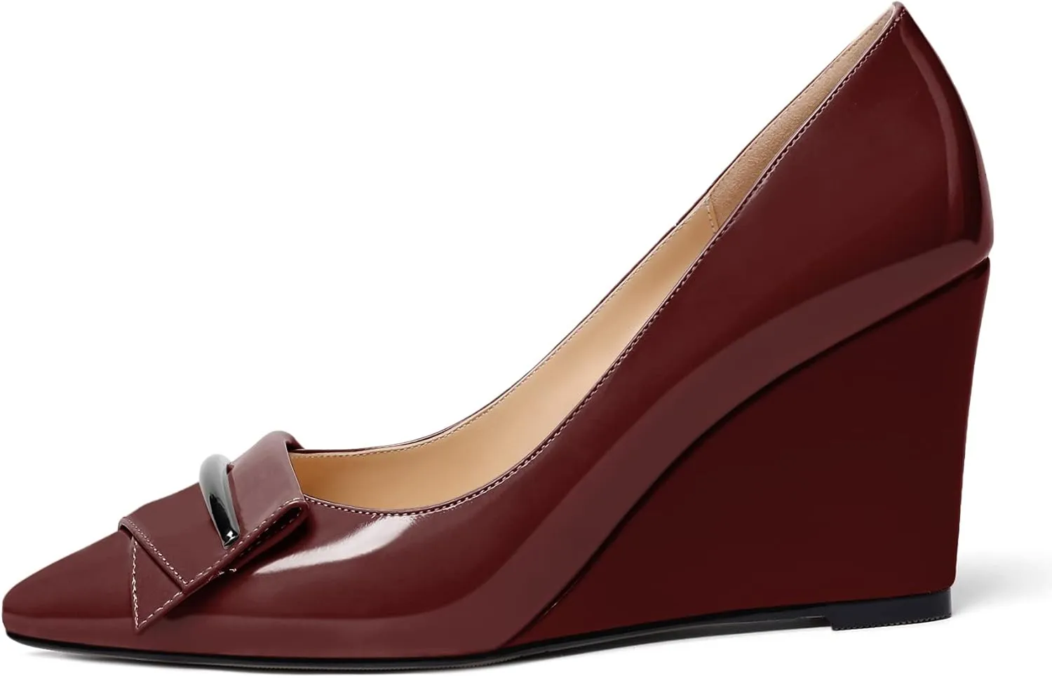 AUMOTED Women Wedge Heels Pumps Pointed Toe Slip on High Heeled Bow Heels Classic Wedge Heel Dress Shoes for Office Wedding Work Evening 3.5 Inches