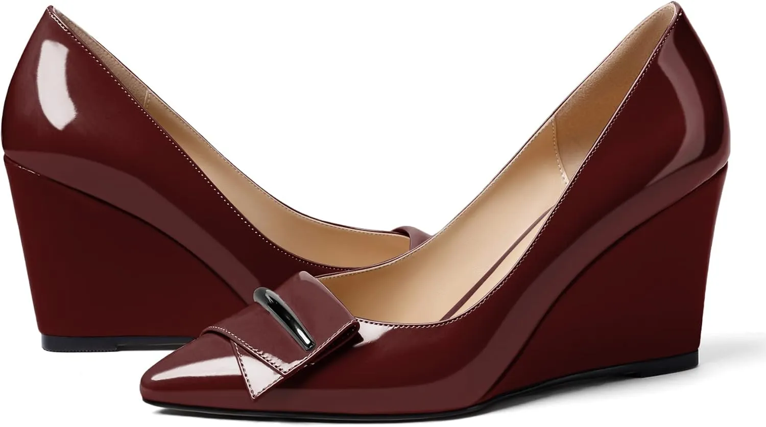 AUMOTED Women Wedge Heels Pumps Pointed Toe Slip on High Heeled Bow Heels Classic Wedge Heel Dress Shoes for Office Wedding Work Evening 3.5 Inches