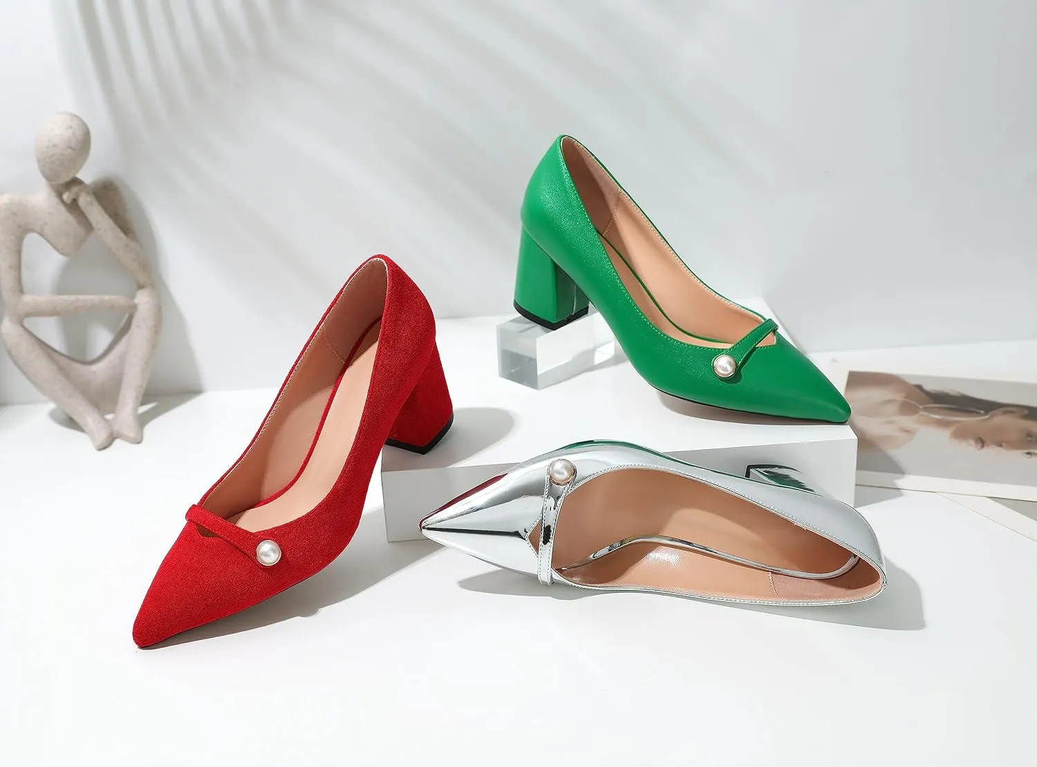 AUMOTED Women's Chunky Block Heel Pumps Pointed Toe Slip On Chunky Pearl Heels Ladies Work Office Dress Shoes 2.5 Inches