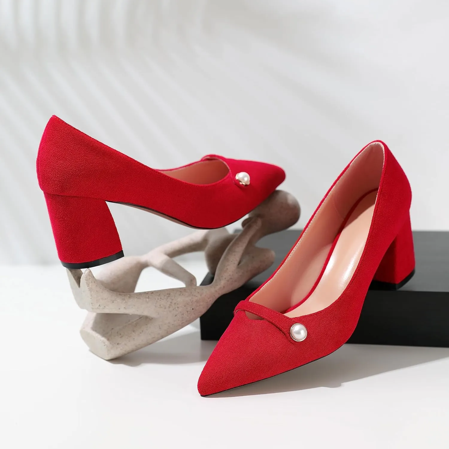 AUMOTED Women's Chunky Block Heel Pumps Pointed Toe Slip On Chunky Pearl Heels Ladies Work Office Dress Shoes 2.5 Inches