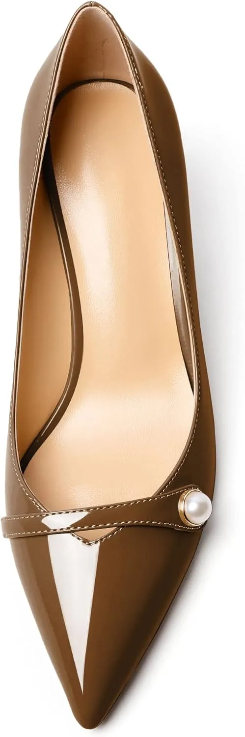 AUMOTED Women's Chunky Block Heel Pumps Pointed Toe Slip On Chunky Pearl Heels Ladies Work Office Dress Shoes 2.5 Inches