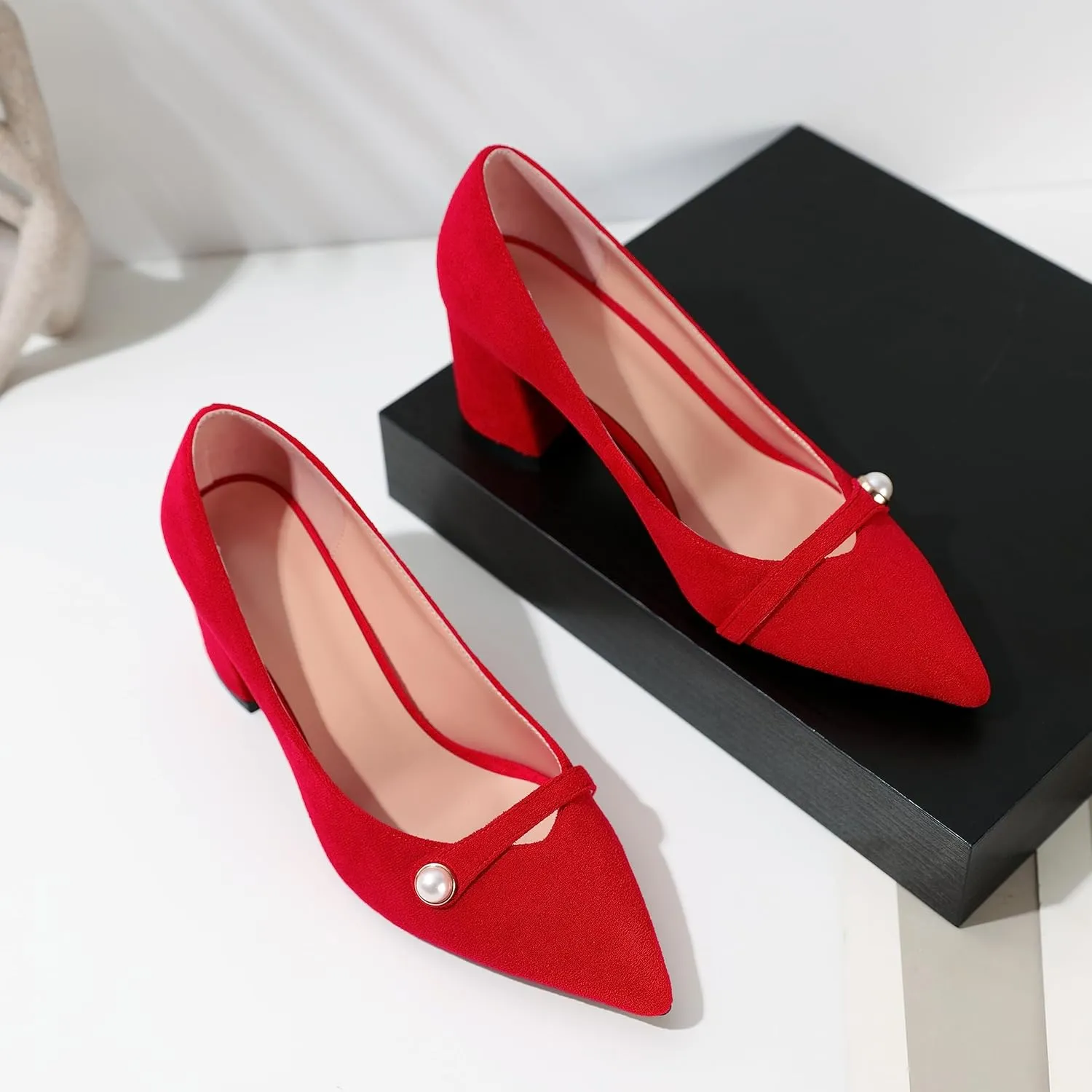 AUMOTED Women's Chunky Block Heel Pumps Pointed Toe Slip On Chunky Pearl Heels Ladies Work Office Dress Shoes 2.5 Inches