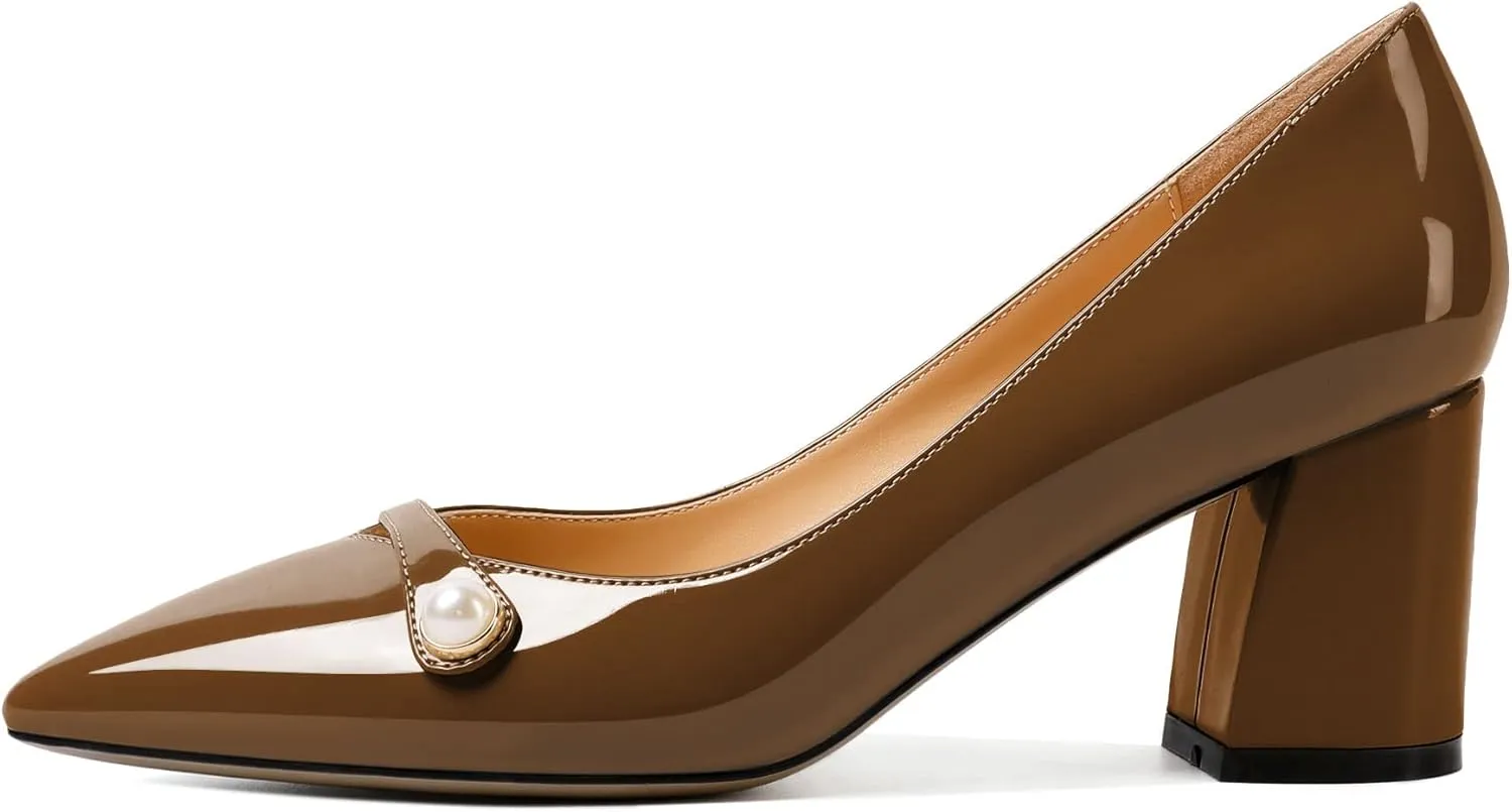 AUMOTED Women's Chunky Block Heel Pumps Pointed Toe Slip On Chunky Pearl Heels Ladies Work Office Dress Shoes 2.5 Inches