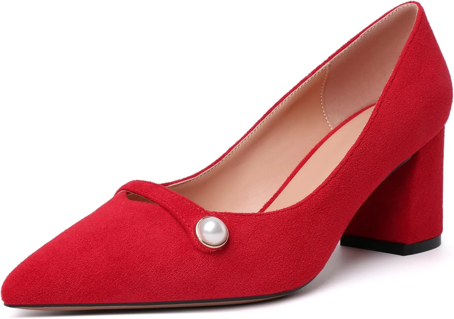 AUMOTED Women's Chunky Block Heel Pumps Pointed Toe Slip On Chunky Pearl Heels Ladies Work Office Dress Shoes 2.5 Inches