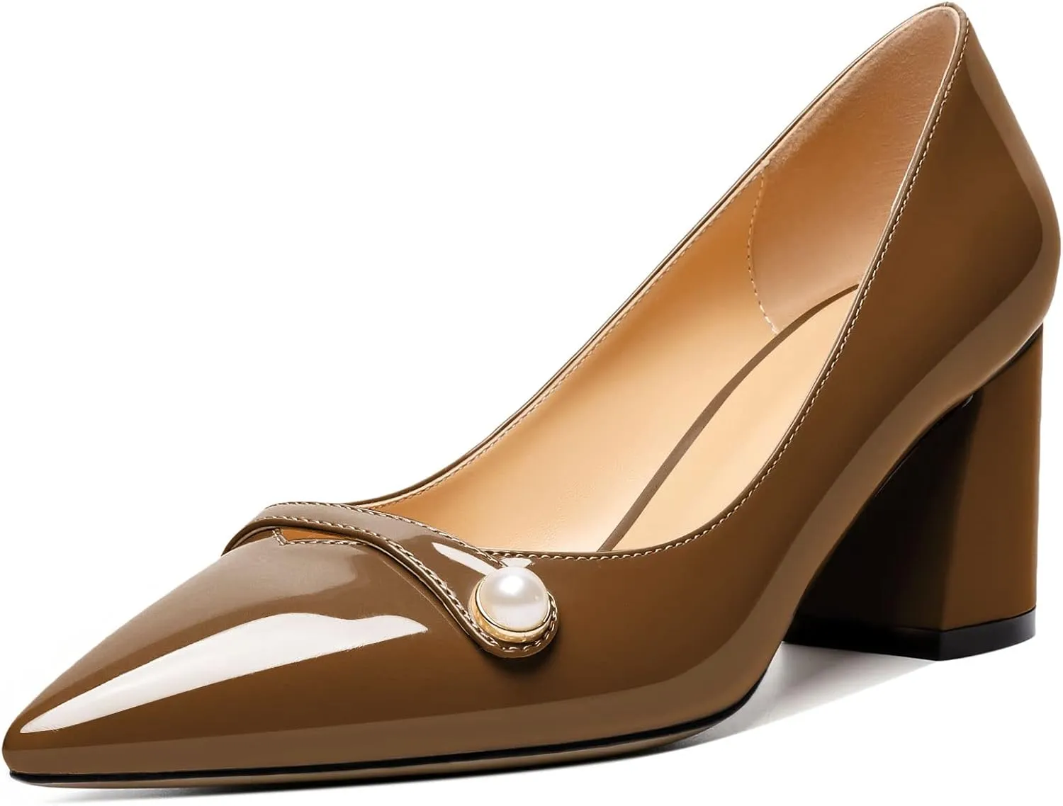 AUMOTED Women's Chunky Block Heel Pumps Pointed Toe Slip On Chunky Pearl Heels Ladies Work Office Dress Shoes 2.5 Inches
