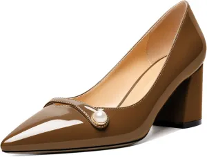 AUMOTED Women's Chunky Block Heel Pumps Pointed Toe Slip On Chunky Pearl Heels Ladies Work Office Dress Shoes 2.5 Inches