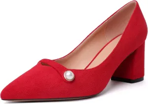AUMOTED Women's Chunky Block Heel Pumps Pointed Toe Slip On Chunky Pearl Heels Ladies Work Office Dress Shoes 2.5 Inches
