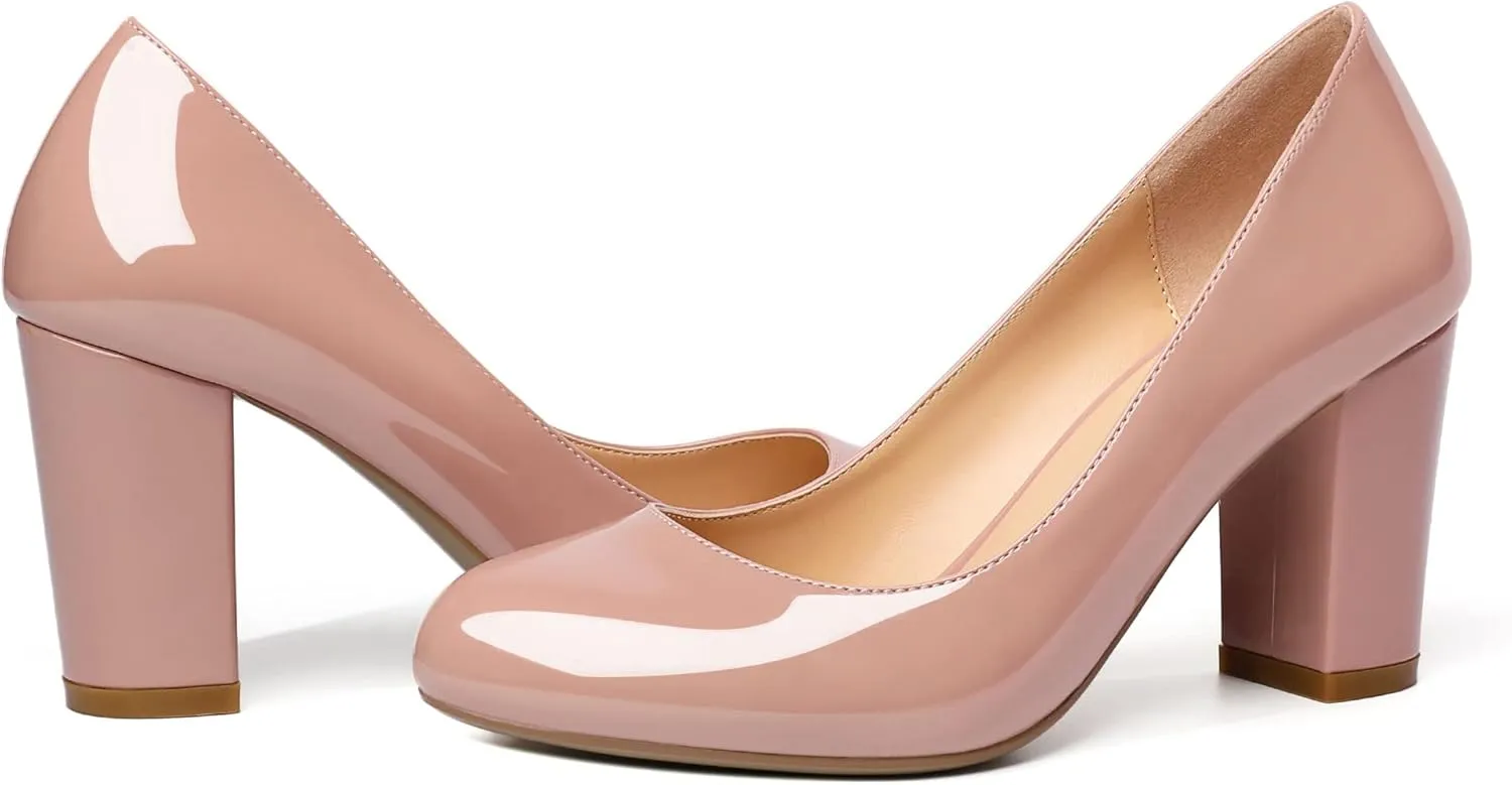 AUMOTED Women's Chunky Block High Heel Pumps Solid Round Toe Pumps Shoes 3.4 Inch Patent Dating Slip On Dress Shoes 3.4 Inch US Size 5-13