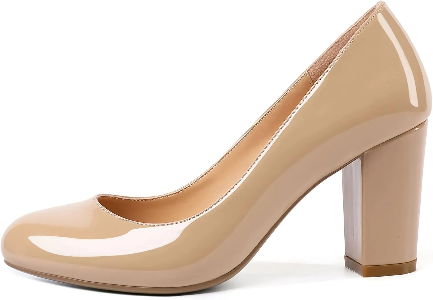 AUMOTED Women's Chunky Block High Heel Pumps Solid Round Toe Pumps Shoes 3.4 Inch Patent Dating Slip On Dress Shoes 3.4 Inch US Size 5-13
