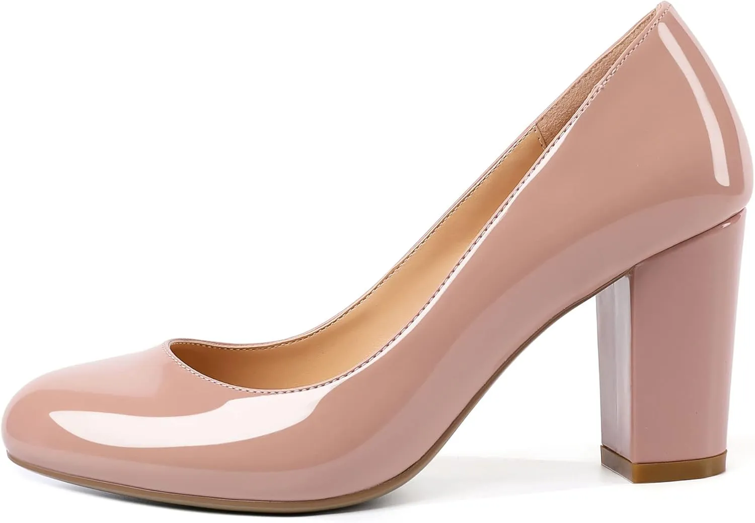 AUMOTED Women's Chunky Block High Heel Pumps Solid Round Toe Pumps Shoes 3.4 Inch Patent Dating Slip On Dress Shoes 3.4 Inch US Size 5-13