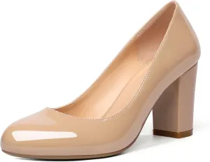 AUMOTED Women's Chunky Block High Heel Pumps Solid Round Toe Pumps Shoes 3.4 Inch Patent Dating Slip On Dress Shoes 3.4 Inch US Size 5-13