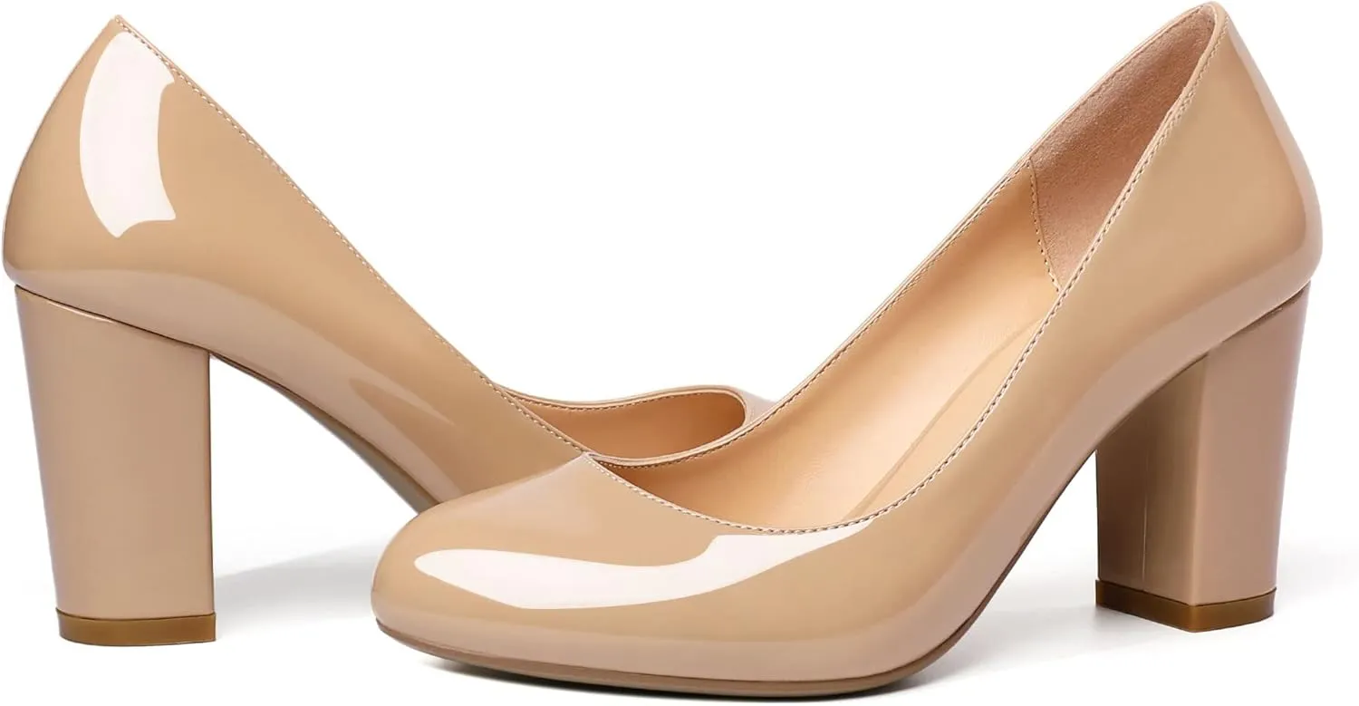 AUMOTED Women's Chunky Block High Heel Pumps Solid Round Toe Pumps Shoes 3.4 Inch Patent Dating Slip On Dress Shoes 3.4 Inch US Size 5-13
