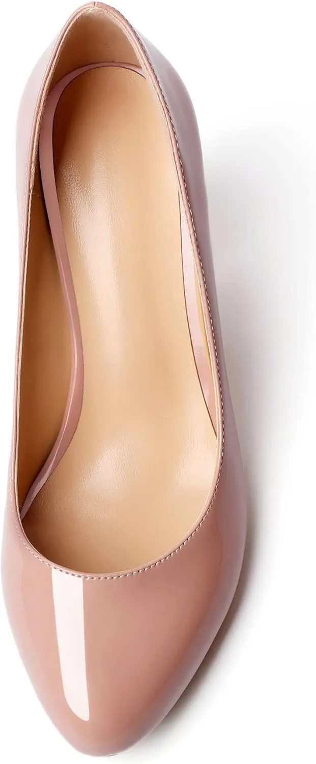 AUMOTED Women's Chunky Block High Heel Pumps Solid Round Toe Pumps Shoes 3.4 Inch Patent Dating Slip On Dress Shoes 3.4 Inch US Size 5-13