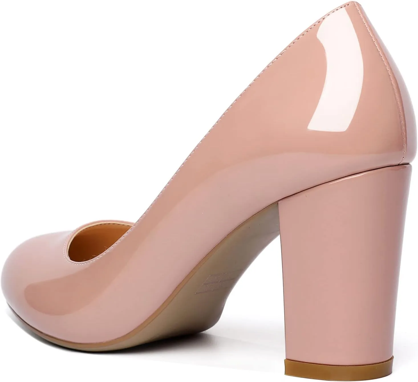 AUMOTED Women's Chunky Block High Heel Pumps Solid Round Toe Pumps Shoes 3.4 Inch Patent Dating Slip On Dress Shoes 3.4 Inch US Size 5-13