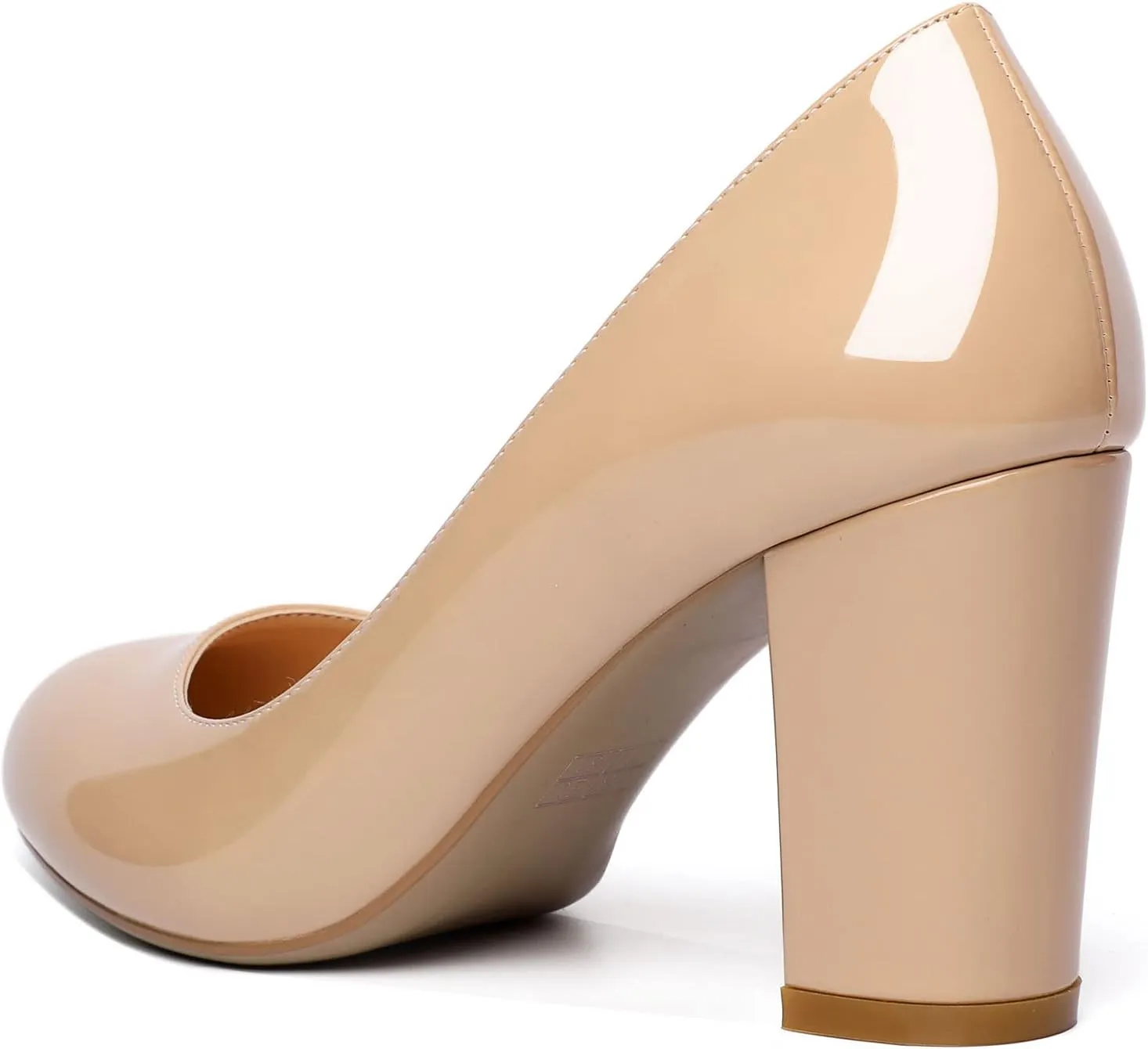 AUMOTED Women's Chunky Block High Heel Pumps Solid Round Toe Pumps Shoes 3.4 Inch Patent Dating Slip On Dress Shoes 3.4 Inch US Size 5-13