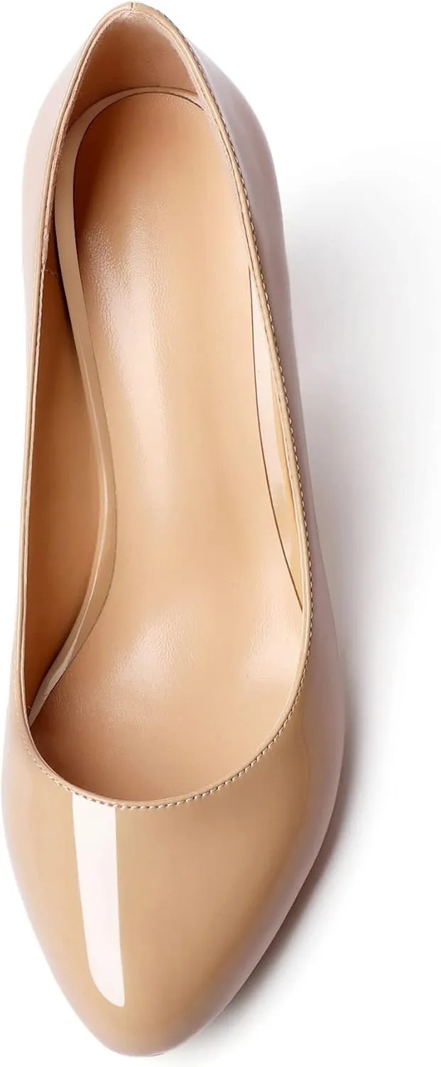 AUMOTED Women's Chunky Block High Heel Pumps Solid Round Toe Pumps Shoes 3.4 Inch Patent Dating Slip On Dress Shoes 3.4 Inch US Size 5-13