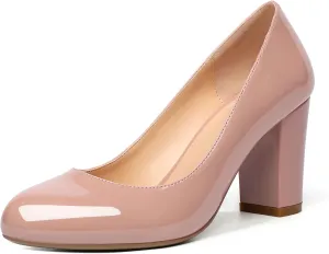 AUMOTED Women's Chunky Block High Heel Pumps Solid Round Toe Pumps Shoes 3.4 Inch Patent Dating Slip On Dress Shoes 3.4 Inch US Size 5-13