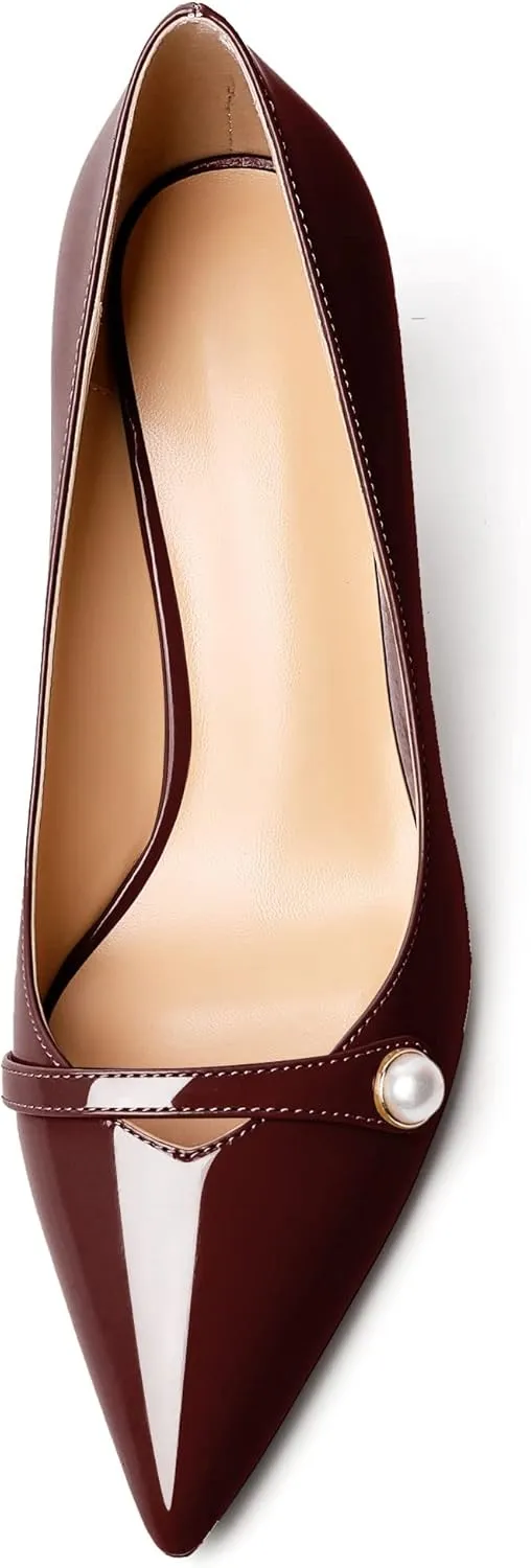 AUMOTED Womens Sexy Patent Pointed Toe Pumps Stiletto Mid Heel Pumps Slip On with Pearl Evening Wedding Dress Shoes 2.5 Inch