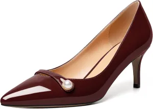 AUMOTED Womens Sexy Patent Pointed Toe Pumps Stiletto Mid Heel Pumps Slip On with Pearl Evening Wedding Dress Shoes 2.5 Inch