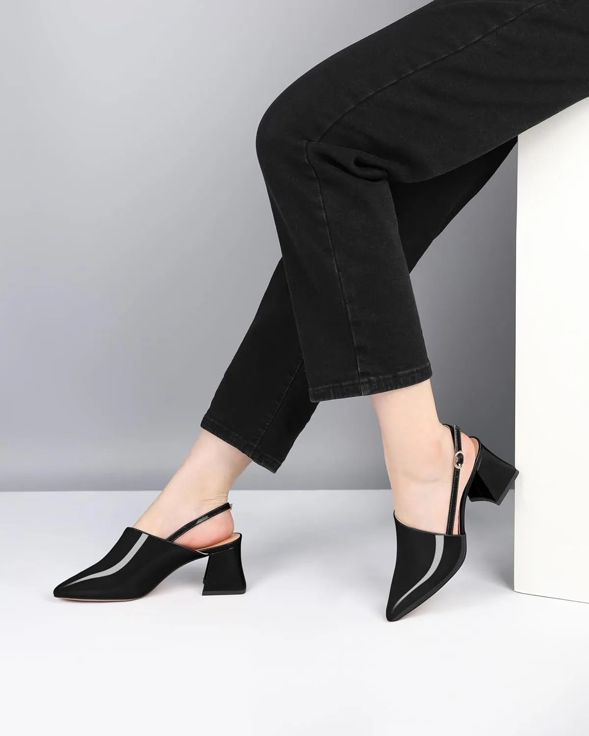AUMOTED Women's Slingback Block Heels Pointed Closed Toe Patent Solid Mid Heel Pumps Chunky Dating Party Dress Shoes 2.5 Inch