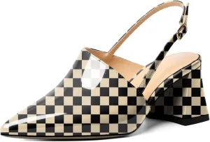 AUMOTED Women's Slingback Block Heels Pointed Closed Toe Patent Solid Mid Heel Pumps Chunky Dating Party Dress Shoes 2.5 Inch