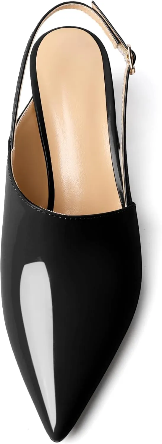 AUMOTED Women's Slingback Block Heels Pointed Closed Toe Patent Solid Mid Heel Pumps Chunky Dating Party Dress Shoes 2.5 Inch