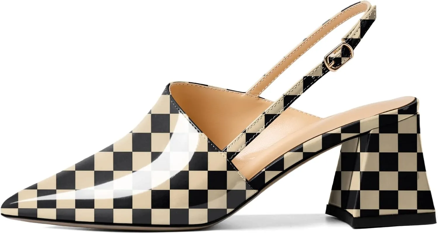 AUMOTED Women's Slingback Block Heels Pointed Closed Toe Patent Solid Mid Heel Pumps Chunky Dating Party Dress Shoes 2.5 Inch