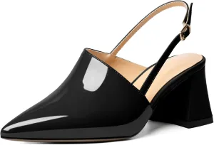 AUMOTED Women's Slingback Block Heels Pointed Closed Toe Patent Solid Mid Heel Pumps Chunky Dating Party Dress Shoes 2.5 Inch