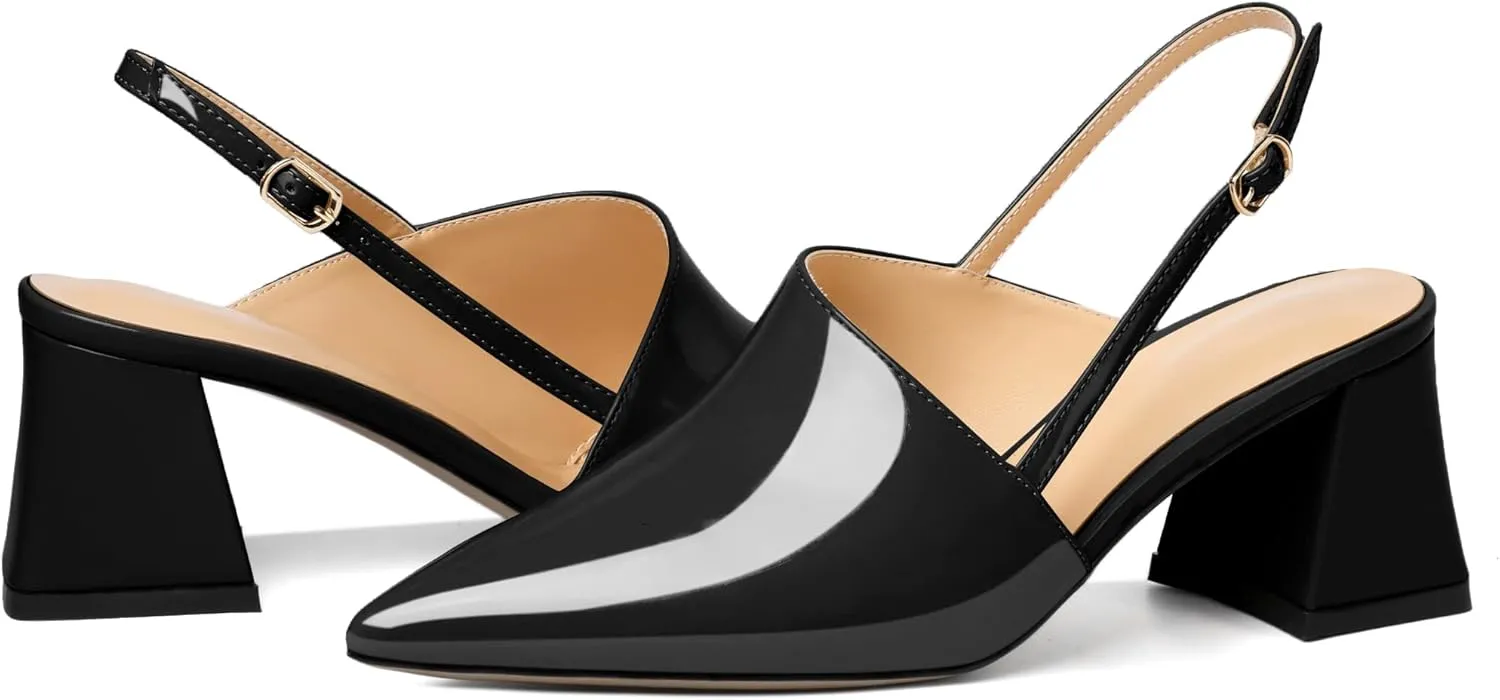 AUMOTED Women's Slingback Block Heels Pointed Closed Toe Patent Solid Mid Heel Pumps Chunky Dating Party Dress Shoes 2.5 Inch