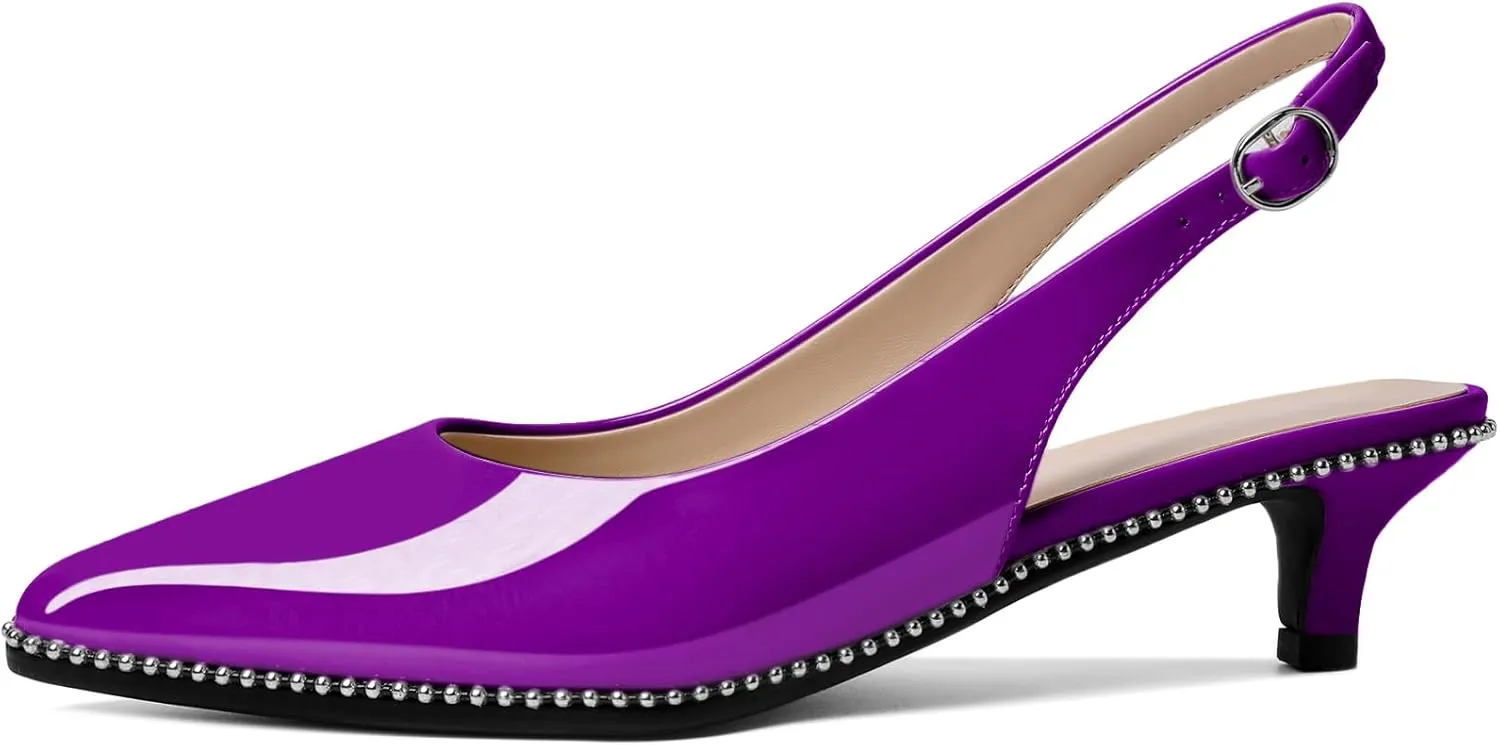 AUMOTED Women's Slingback Kitten Heels Pointed Toe Stiletto Low Heel Ankle-Strap with Beaded Pumps Dress Shoes 1.6 Inches
