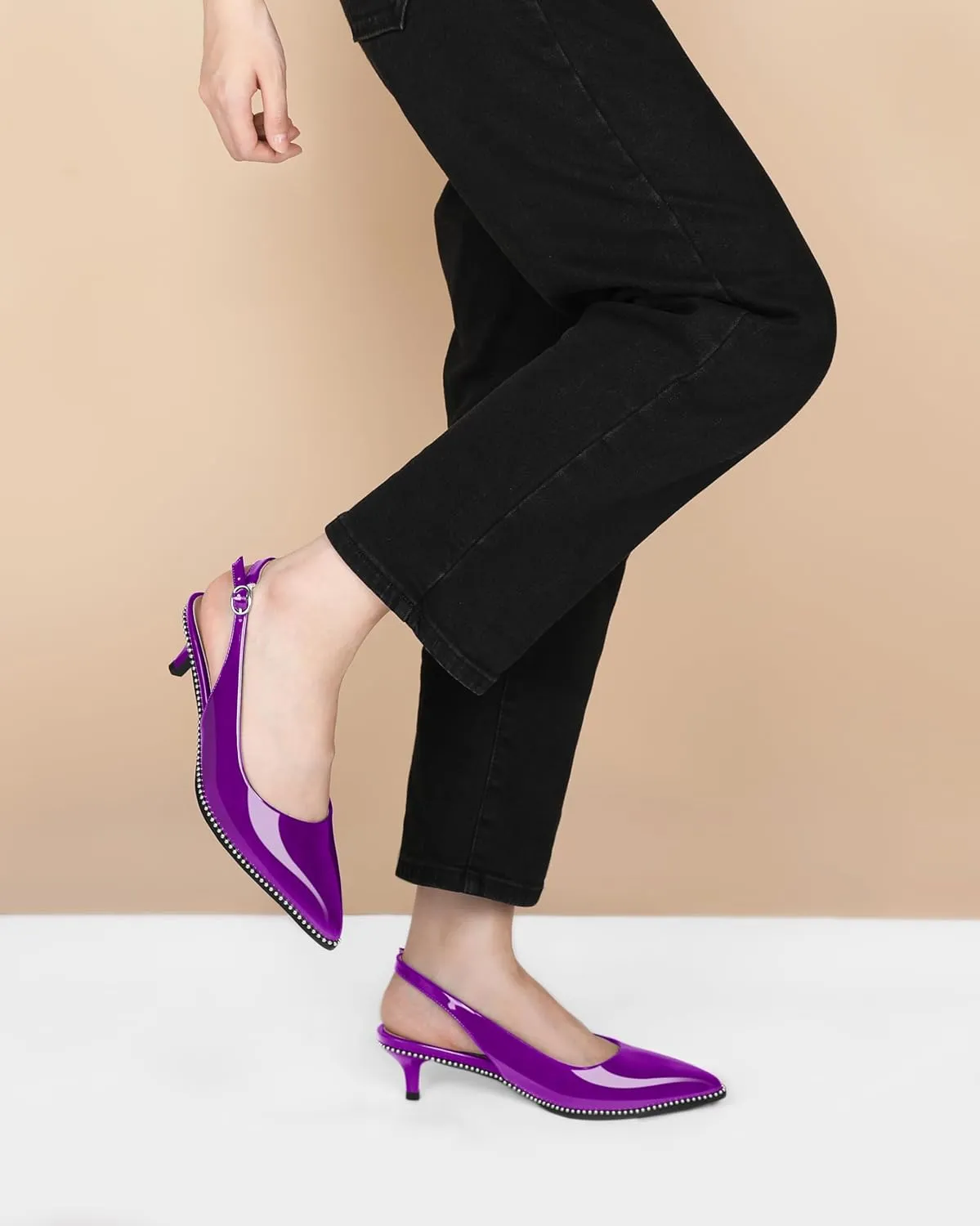 AUMOTED Women's Slingback Kitten Heels Pointed Toe Stiletto Low Heel Ankle-Strap with Beaded Pumps Dress Shoes 1.6 Inches