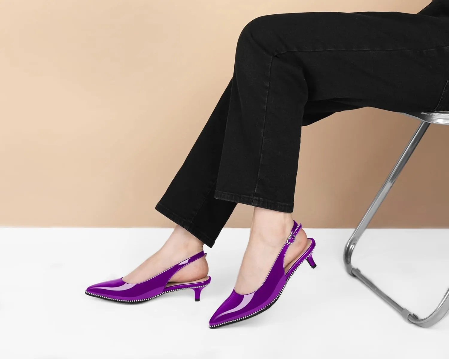 AUMOTED Women's Slingback Kitten Heels Pointed Toe Stiletto Low Heel Ankle-Strap with Beaded Pumps Dress Shoes 1.6 Inches