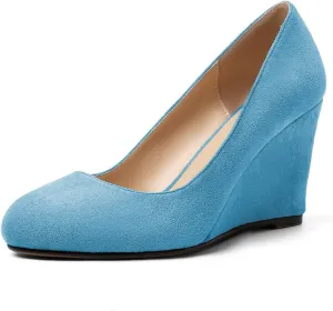 AUMOTED Women's Wedges Heel Pumps Solid Solid Closed Round Toe Wedge Pumps Slip On 3.5 Inch Wedge Suede Heels for Dress Working Evening