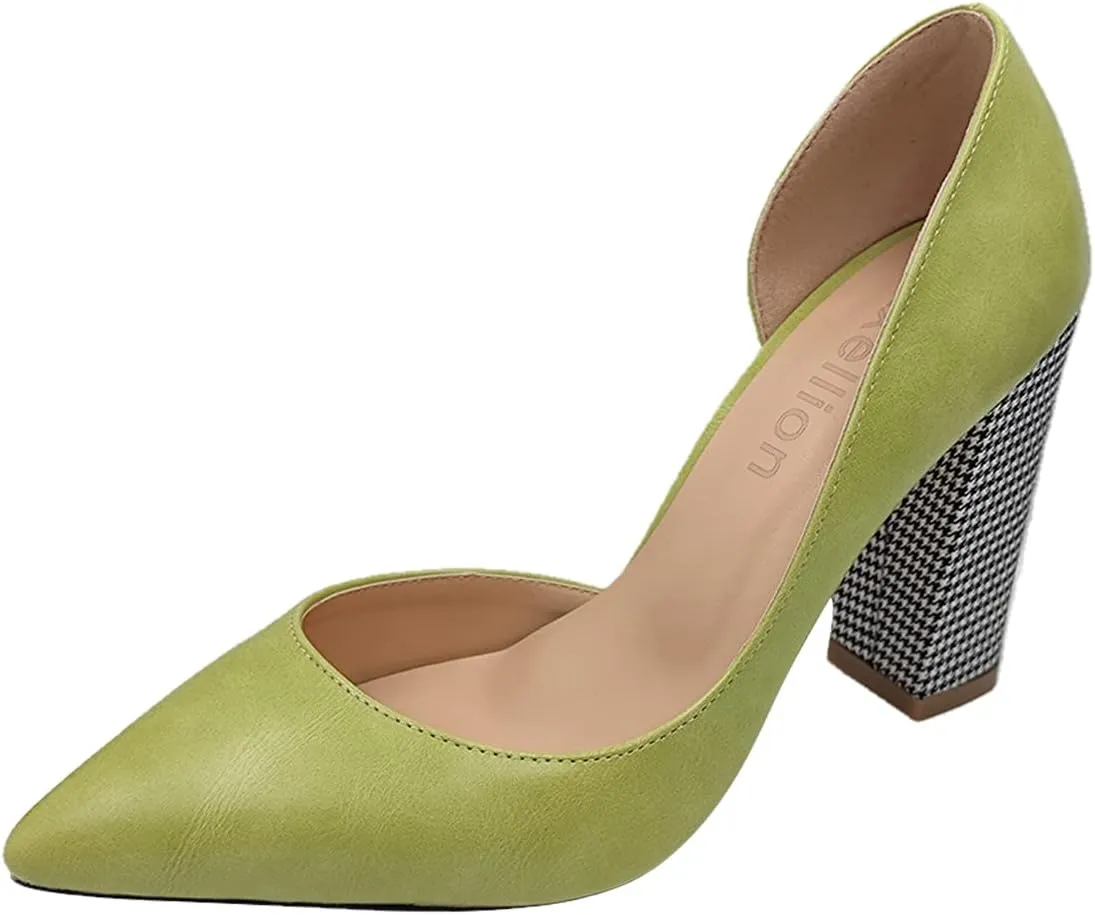 Axellion Pumps for Women, Houndstooth Heel Pumps Side Empty High Heels Pointed Toe Shoes Top Leather High Heel Shoes for Women