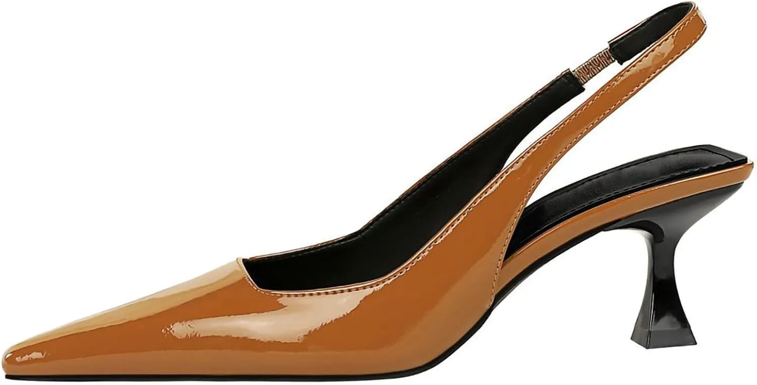 baobeijiadao Womens Kitten Heel Pumps Slingback Pointed Toe Heels Slip On Closed Toe Heeled Sandals Patent Leather Dress Shoes for Women