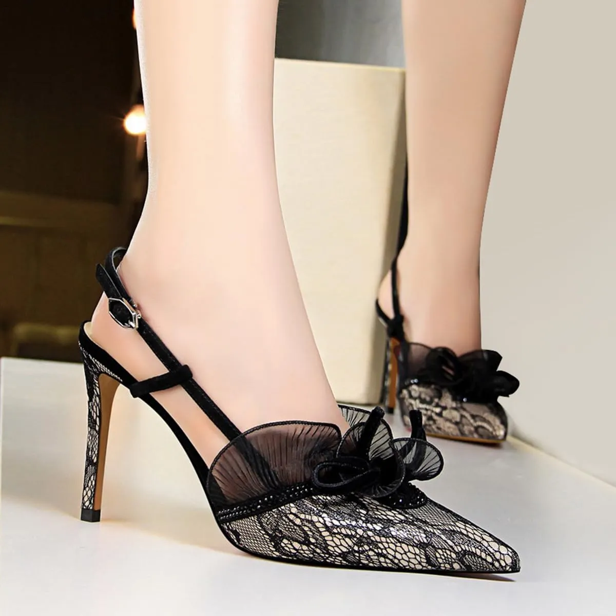 BEAUPAS Women's Pointed Toe Slingback Heels Lace Mesh High Stiletto Pumps