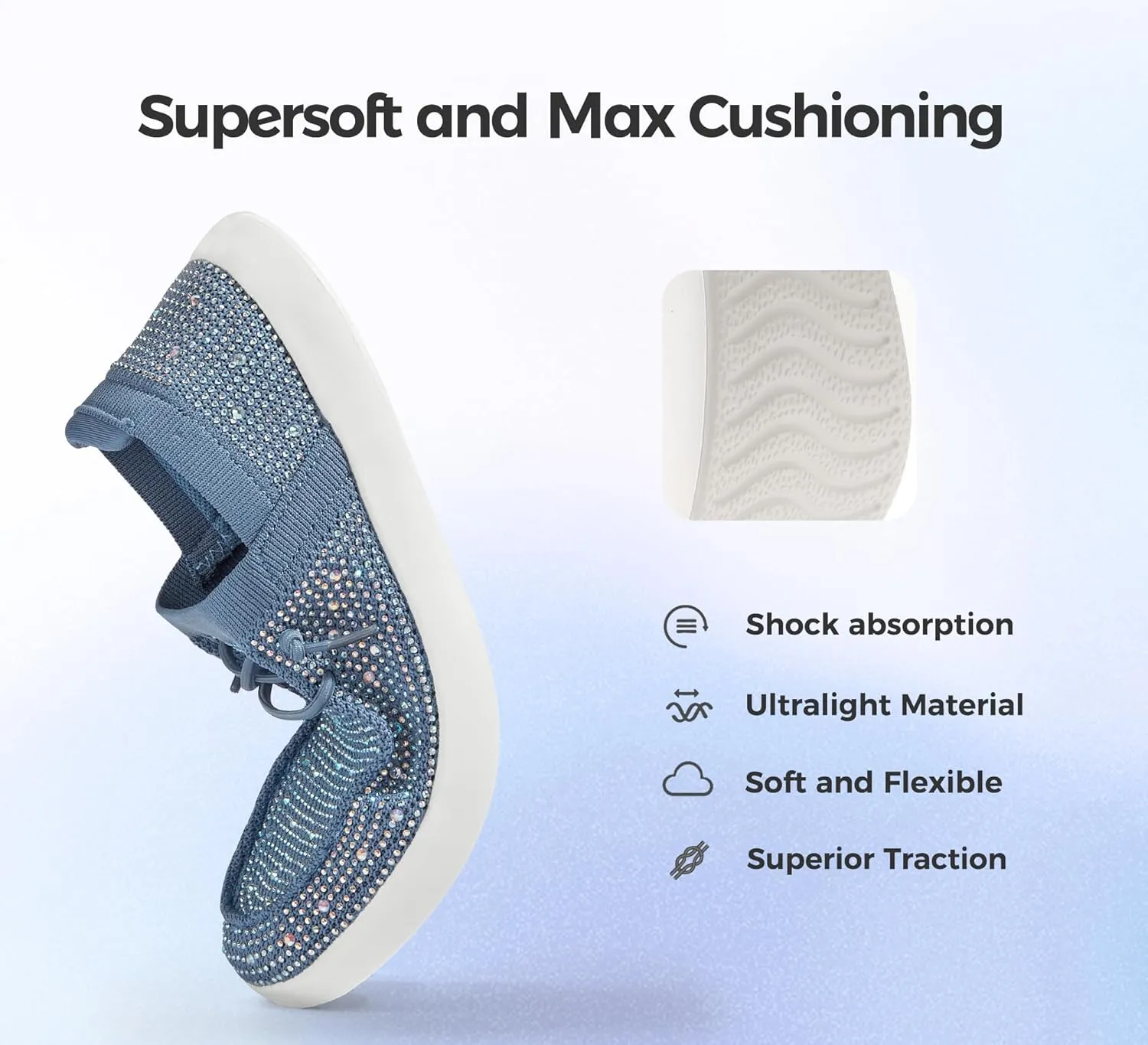 BELOS Women's Rhinestone Lace Up Loafers Shoes Comfortable Slip On Mesh Knit Walking Shoes Fashion Lightweight Sparkly Glitter Sneaker