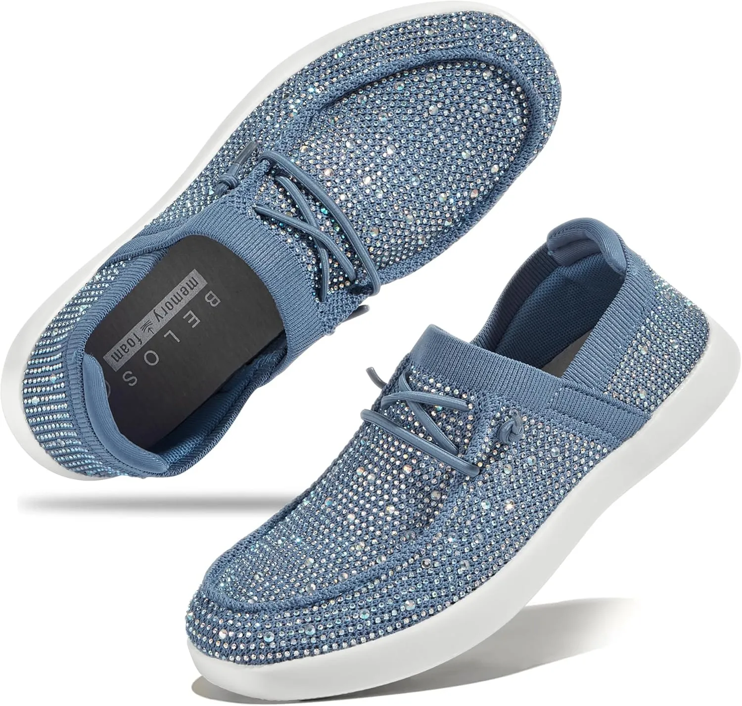 BELOS Women's Rhinestone Lace Up Loafers Shoes Comfortable Slip On Mesh Knit Walking Shoes Fashion Lightweight Sparkly Glitter Sneaker