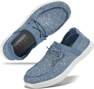 BELOS Women's Rhinestone Lace Up Loafers Shoes Comfortable Slip On Mesh Knit Walking Shoes Fashion Lightweight Sparkly Glitter Sneaker