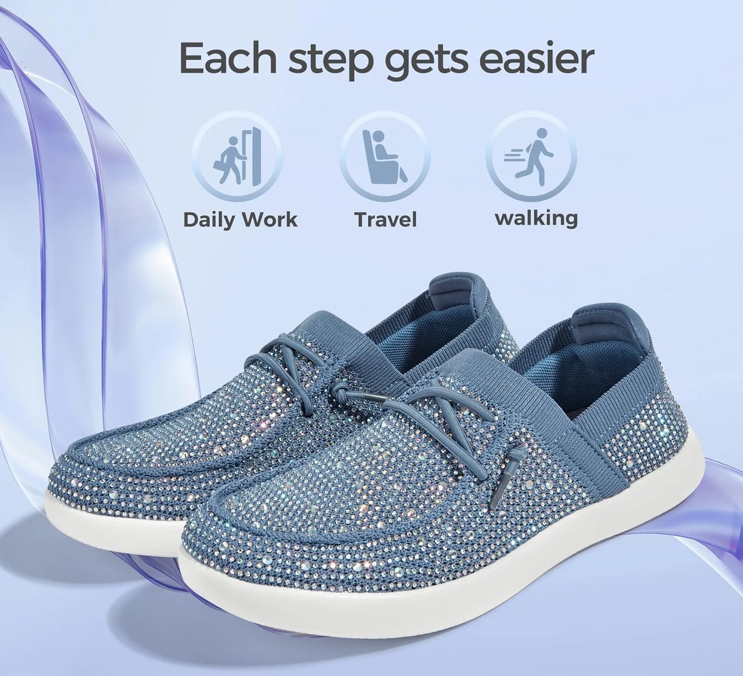 BELOS Women's Rhinestone Lace Up Loafers Shoes Comfortable Slip On Mesh Knit Walking Shoes Fashion Lightweight Sparkly Glitter Sneaker